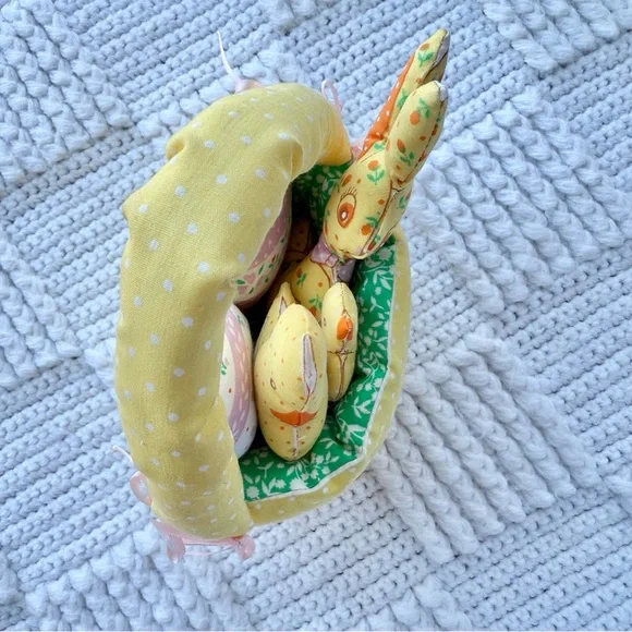 Vintage Handmade Fabric Plush Easter Basket with Bunny, chick and eggs - Picture 6 of 15
